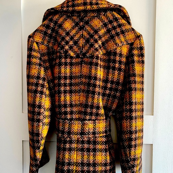 Price firm 70s VINTAGE Wool plaid tweed wide lapel belted trench pea tailored - Picture 5 of 14